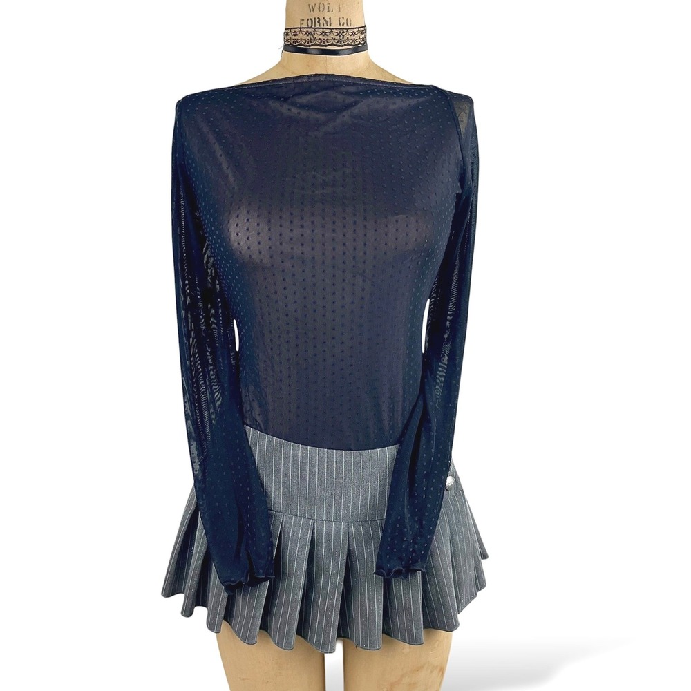 Coquette Womens S Sheer Polka Dot Bodysuit Open Back Ribbon Tie Y2K‎ Goth